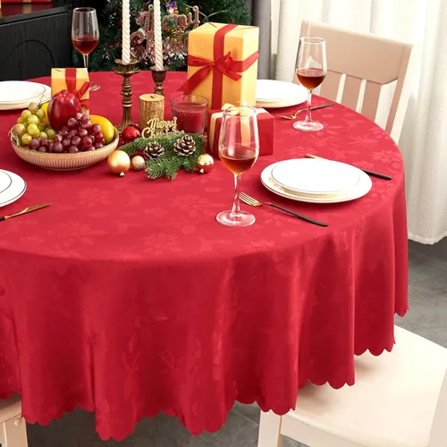Miniatura 27 de Mantel redondo de tela de 60 pulgadas, mantel con diseño de hojas, borde festoneado, mantel sedoso, impermeable, resistente a las arrugas, lavable