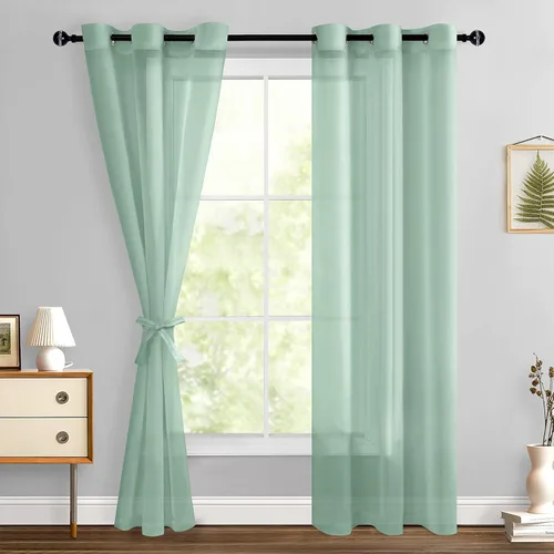 Miniatura 126 de Hiasan - Cortinas traslúcidas de gasa cortas semitransparentes con ojales y alzapaños filtrantes de luz para ventana, dormitorio, baño, 2 paneles