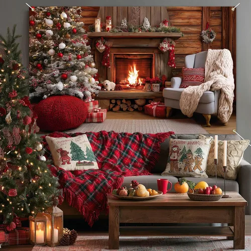 Miniatura 4 de HOMETITUTE Cartel navideño para chimenea de 71 x 43 pulgadas, acogedor telón de fondo navideño con adornos para árbol de Navidad, fondo cálido fuego