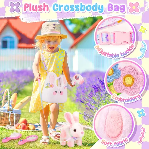 Miniatura 5 de NINAOR Juguetes de conejo de Pascua para niños con bolsas cruzadas, rellenos de cesta de Pascua, orejas interactivas, juguete de conejo, robot