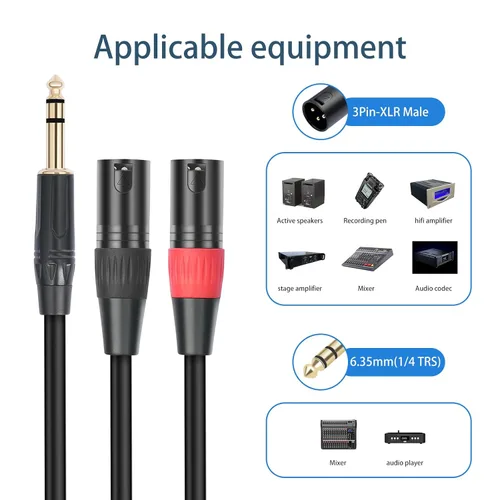 Miniatura 2 de 1/4 TRS a doble XLR macho Y-Splitter Cable de conexión estéreo de 1/4 pulgadas (0.250 in) a 2 XLR Cable de conexión de 3.3 pies