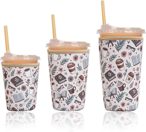 Miniatura 46 de Funda aislante reutilizable para taza de café helado, paquete de 3 fundas de neopreno para bebidas frías y calientes, soporte para bebidas para café