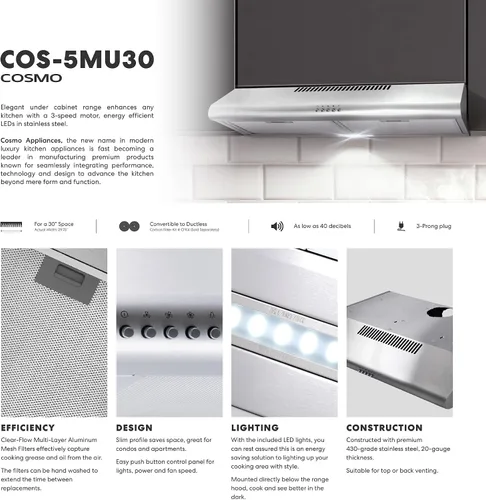 Miniatura 3 de COSMO COS-5MU30 Campana extractora de conductos para debajo del gabinete de la colección Delta de 30 pulgadas, controles de botón, filtros Acero