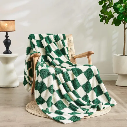 Qeils Manta a cuadros de microfibra súper suave de punto verde bosque para sofá, silla, cama, camping, manta ligera de viaje - 60 x 80 pulgadas