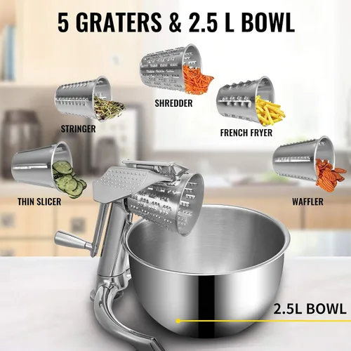 Miniatura 3 de VEVOR Rallador de queso rotativo, mandolina rotativa de zinc para verduras, mandolina manual de queso con 5 conos de corte de acero inoxidable
