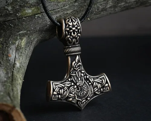 Miniatura 121 de Viking Thors Hammer Necklace Pendant - Vegvisir Aegishjalmur Helm of Awe Raven Huginn Muninn Pendant Necklace Amulet Talisman - Thor Necklace