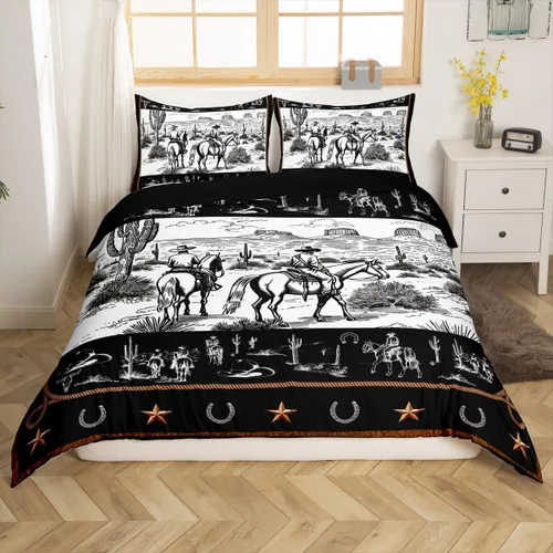 Miniatura 3 de Manfei Juego de funda de edredón occidental, tamaño individual, juego de ropa de cama de caballo de vaquero de 2 piezas, funda de edredón de cactus