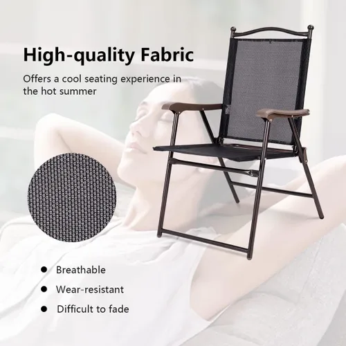 Miniatura 6 de TANGZON Set of 2 Folding Garden Chairs, Portable Steel Frame High Back Chair Set with Armrests, Indoor Outdoor Weather Resistant Dining Seat for