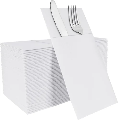 Miniatura 16 de Servilletas rojas desechables con sensación de lino con bolsillo integrado para cubiertos, preplegadas para cuchillos y tenedores, servilletas