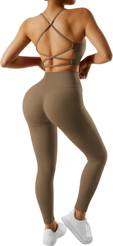 Miniatura 4 de OMKAGI Conjunto de entrenamiento acanalado para mujer, sin costuras, brasier deportivo con tiras y levantamiento de glúteos