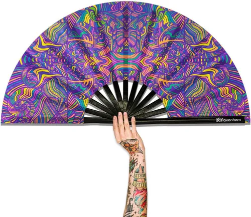 Ventilador plegable grande, ventilador Clack Rave de 13 pulgadas, ventilador de mano para mujeres y hombres con tela de satén de alta calidad, marco