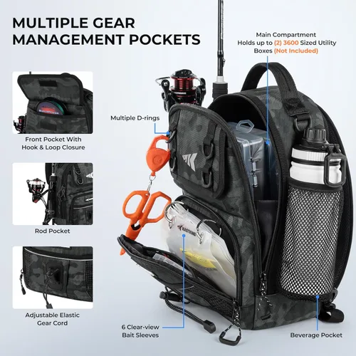 Miniatura 3 de KastKing Bolsa de Pesca con Eslinga BaitSpace, Mochila de Pesca con Soporte para Caña y Bebidas, Bolsa de Aparejos para Equipo de Pesca A: camuflaje