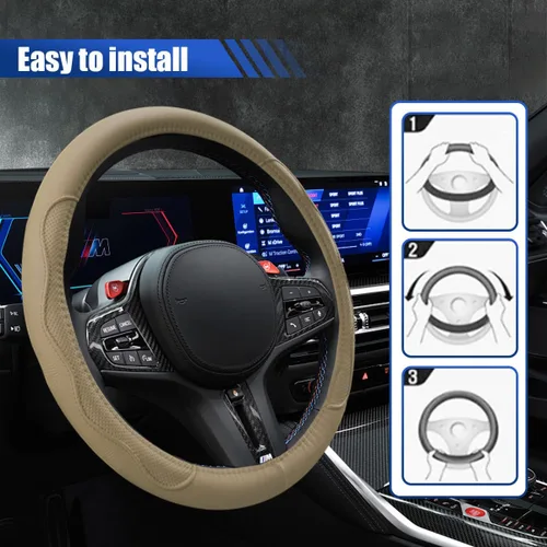 Miniatura 6 de Funda de cuero para volante de automóvil, 15 pulgadas, antideslizante, transpirable, protector de volante automotriz, accesorios universales