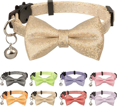 Collar de gato con pajarita brillante para gatos, campanilla, fiesta, boda, fiesta, brillante, 7-11 pulgadas, niña, niño, mascota, color liso,