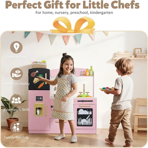 Miniatura 5 de TODEFULL Juego de cocina de simulación para niños, juego interactivo de madera con diseño realista, fregadero, microondas, máquina de hielo, Rosa