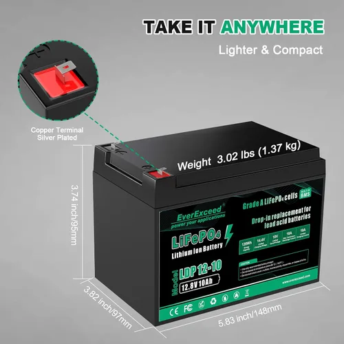Miniatura 3 de EverExceed - Batería LiFePO4 de 12V 10Ah con BMS de 10A incorporado, más de 3000 ciclos profundos, batería de litio de 12V para buscador de peces