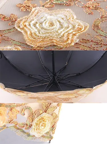 Miniatura 32 de Honeystore Sombrilla bordada con flor 3D plegable UV con encaje clásico