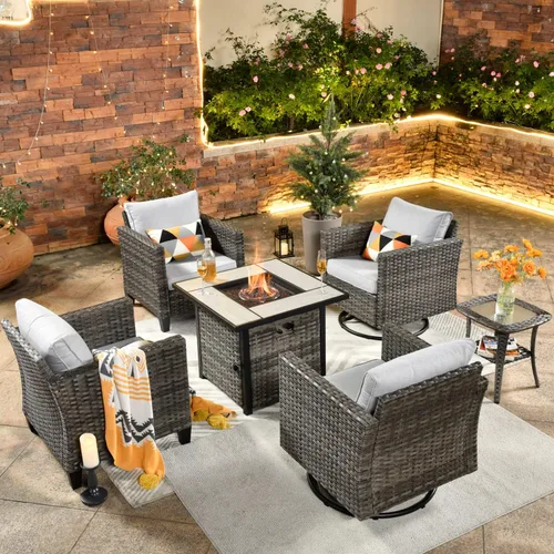 Miniatura 48 de ovios Juego de muebles de patio de 6 piezas, sillas giratorias de mimbre para exteriores con mesa para fogatas de 30 pulgadas, juego de mecedoras