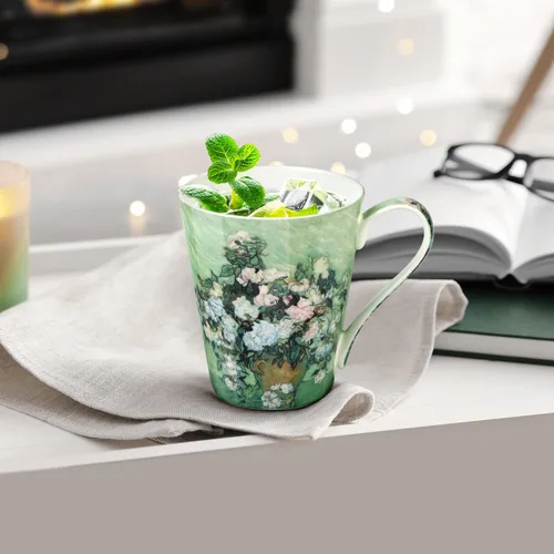 Miniatura 8 de Juego de 4 tazas de café, tazas de porcelana de porcelana de hueso de 12 onzas con impresión artística, mango grande, apto para lavavajillas