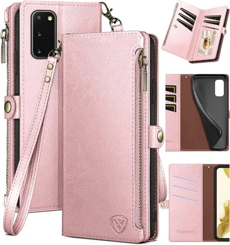 Miniatura 11 de XcaseBar Funda tipo cartera para Samsung Galaxy S20 con cremallera y tarjetero de crédito [bloqueo RFID], funda de piel sintética con tapa para Negro