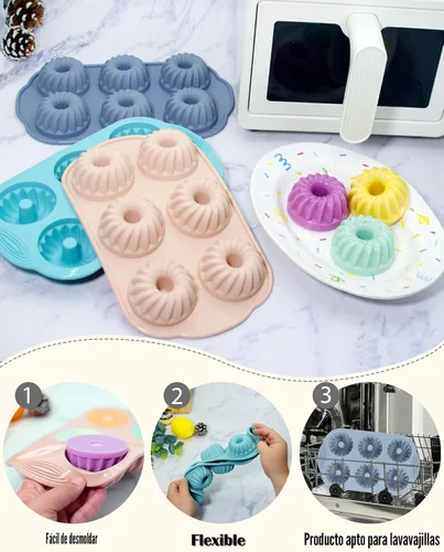 Miniatura 6 de Jello Molds - 3 moldes de silicona para tartas de tubo estriado, 6 cavidades Heritage, molde de silicona para hornear moldes antiadherentes