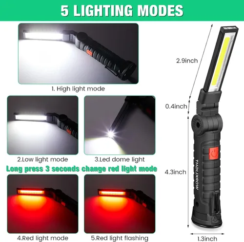 Miniatura 2 de Honoson - Juego de 4 luces de trabajo LED Honoson recargables con base magnética, gancho para colgar y rotación de 360°, 5 modos de linterna LED