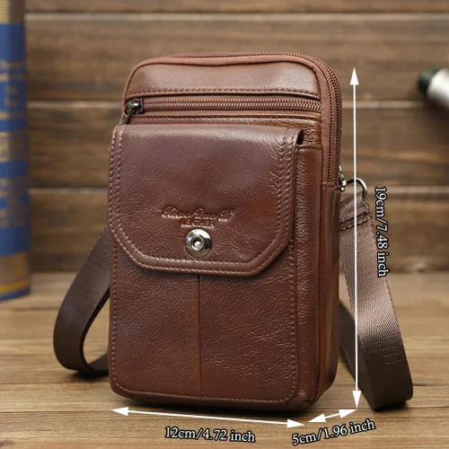 Miniatura 4 de Riñonera de piel de vaca de capa superior para hombre, riñonera lateral, bolsa para teléfono inteligente, modelo 8-marrón