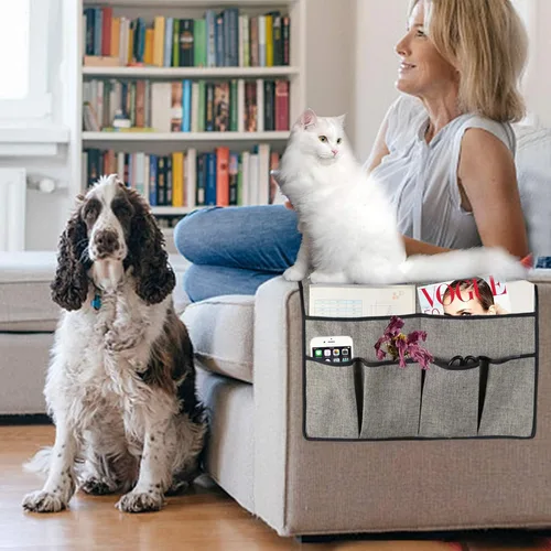 Miniatura 5 de Organizador de reposabrazos de sofá, soporte remoto de TV para sillón con 6 bolsillos para colgar control remoto, soporte grueso para sillón, Beige