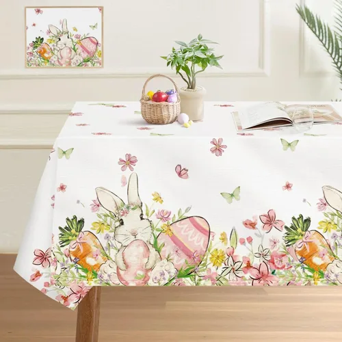 Miniatura 10 de Mantel redondo de Pascua de 60 pulgadas, mantel de flores de conejo a cuadros, resistente a las manchas y a las arrugas, lavable, para primavera