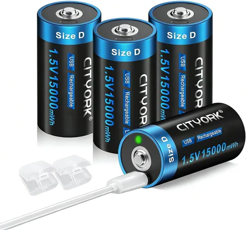 CITYORK Paquete de 4 baterías de litio D recargables USB, baterías de tamaño D de 1.5 V 15000 mWh con cable de carga USB-C 4 en 1, batería de celda