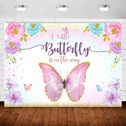 Telón de fondo de mariposa morada para baby shower, color rosa, arco iris, floral, puntos dorados, fondo de fotografía para niñas, decoración de