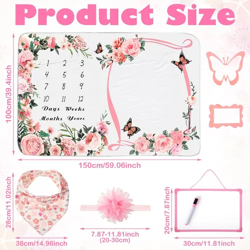 Miniatura 2 de Chumia 6 Piezas Manta de Hitos Mensuales para Bebé Niña 60" x 40" Manta de Hitos de Mariposa Edad Foto Fondo de Fotografía con Calendario para Rosa