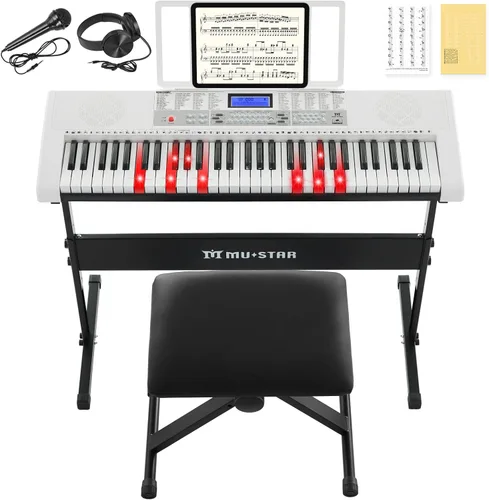 Miniatura 10 de Teclado de piano de 61 teclas, piano eléctrico con teclas iluminadas, 255 tonos/ritmos, sistema de aprendizaje inteligente, auriculares, micrófono