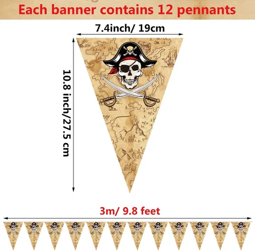 Miniatura 2 de Funrous Decoraciones de fiesta pirata de 49 pies con diseño de calavera y bandera pirata Jolly Roger, decoraciones de cumpleaños, banderines