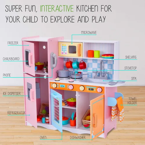 Miniatura 3 de Lil' Jumbl Juego de cocina para niños, cocina de juego de madera con tablero de tiza, teléfono de juego, toallero y dispensador de hielo, pomos