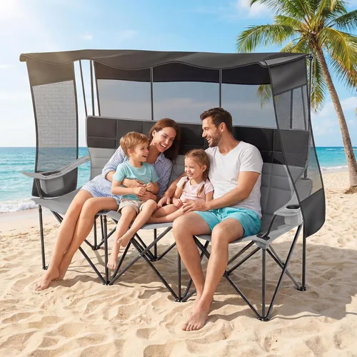 Miniatura 2 de Teenyyou Silla de camping para 3 personas con toldo – Silla de playa de gran tamaño con protección solar UV, sofá biplaza plegable resistente de 700