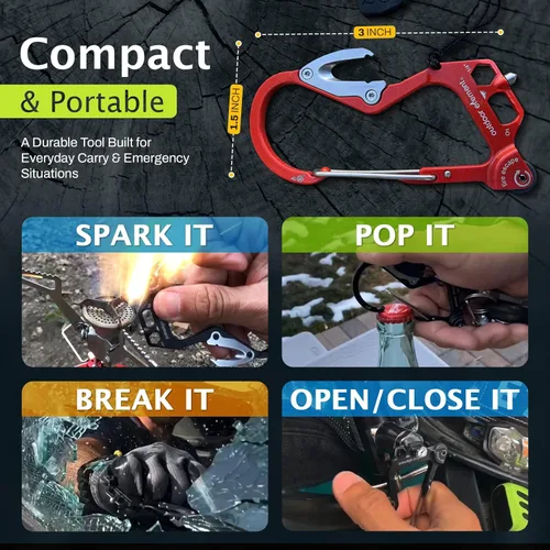 Miniatura 5 de OUTDOOR ELEMENT Herramienta de escape de emergencia, cortador de cinturón de seguridad, rompecristales, herramienta multiusos, encendedor, mosquetón
