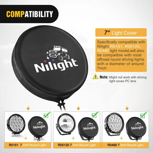 Miniatura 3 de Nilight Cubierta de Luz Pod Redonda de 7 Pulgadas para Conducción Todoterreno, Cubierta Protectora de Cuero Negro de 7.25 Pulgadas de Diámetro