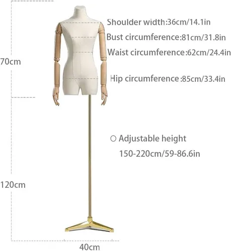 Miniatura 4 de 3Pcs Adjustable Dress Form Mannequin Torso Set with Wooden Arms, 59-86.6in Height, Detachable Head, Ideal for Clothing, Jewelry Display & Sewing