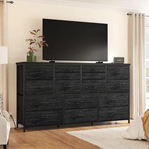 EnHomee Cómoda Soporte de TV con Tomas de Corriente Soporte de TV de 60" para Dormitorio con 16 Cajones Cómoda Larga para Dormitorio Centro de