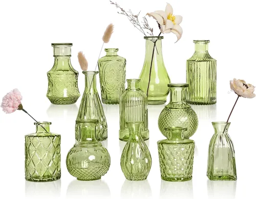 Miniatura 12 de Juego de 12 jarrones de vidrio ámbar, jarrones de capullo transparentes a granel, mini jarrones para flores, pequeños jarrones de flores