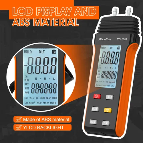 Miniatura 5 de Medidor de presión de gas Manometer HVAC, medidor de presión de aire manómetro de doble puerto WapoRich ±13.79Kpa/2.000Psi ±0.3% con 11