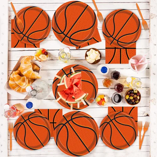 Miniatura 6 de Juego de vajilla de baloncesto de 96 piezas, platos desechables para fiestas deportivas, servilletas, tenedores, decoraciones de fiesta