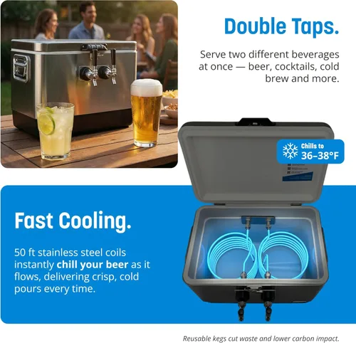Miniatura 4 de Coldbreak Jockey Box de 2 grifos, enfriador de 54 cuartos de galón con bobinas de acero inoxidable de 50 pies, entrada frontal para una Plateado