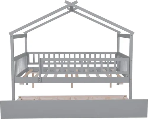 Miniatura 5 de Cama de casa con nido y valla, camas de tamaño matrimonial estilo Montessori con barandillas, marco de cama de madera para niños, cama de plataforma