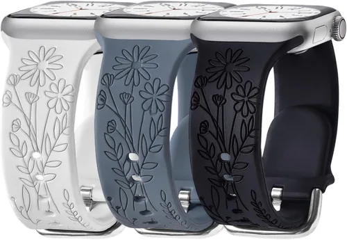 Miniatura 9 de Paquete de 3 bandas grabadas con flores silvestres compatibles con Apple Watch Band de 1.81 pulgadas, 1.57 pulgadas, 1.49 pulgadas, 1.61 pulgadas