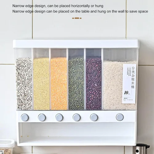 Miniatura 3 de Dispensador de arroz, dispensador de alimentos secos de 6 rejillas montado en la pared, recipientes grandes de almacenamiento de cereales secos