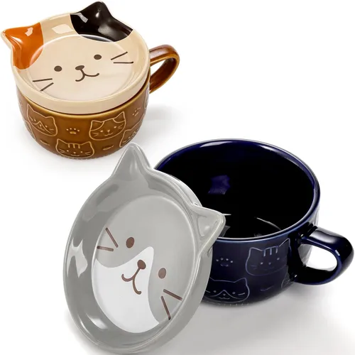 Miniatura 3 de Cididu Juego de 2 Lindas Tazas de Cerámica con Gato con Tapa, Tazas de Café de Leche de 10 OZ con Posavasos, Linda Taza de Té Kawaii para Desayuno