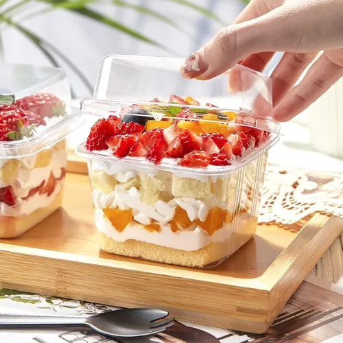 Miniatura 5 de TOFLEN 100 tazas cuadradas de plástico para postre de 8 onzas con tapas y tenedores, vasos de plástico transparente para yogur, parfait para mousse