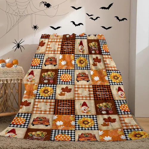 Manta de forro polar suave de otoño para sofá, manta de gnomo, calabaza, camión, girasol, hoja de arce, búfalo, ligera, acogedora y afelpada, Manta